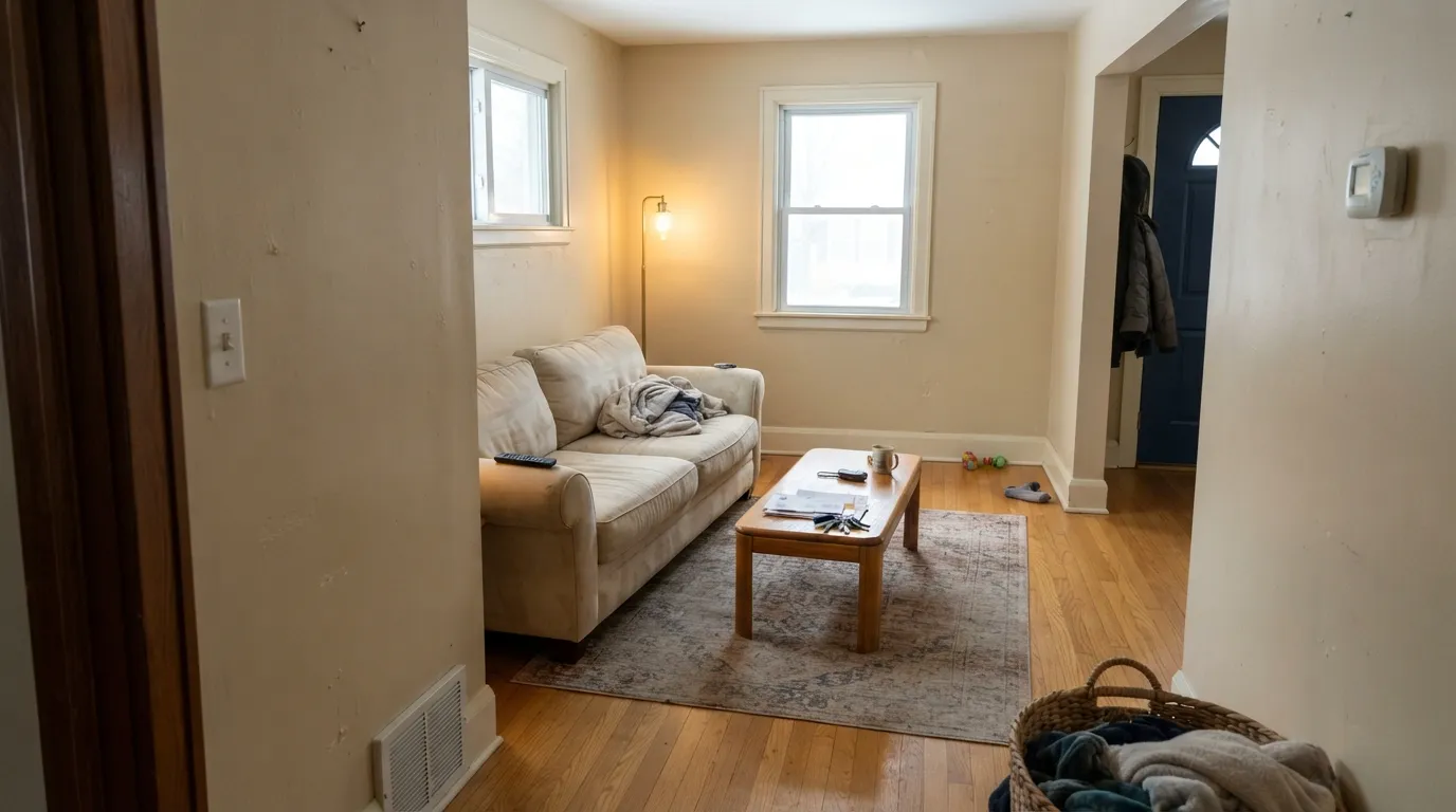 Almond running a traditional main floor in even daylight — tan-cream against honey oak and White Dove trim, Hale Navy on the door for the one dark note.