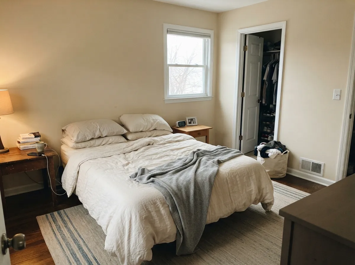 Morning bedroom light is Almond at its quietest — tan-cream, not peach, restful next to cream bedding.