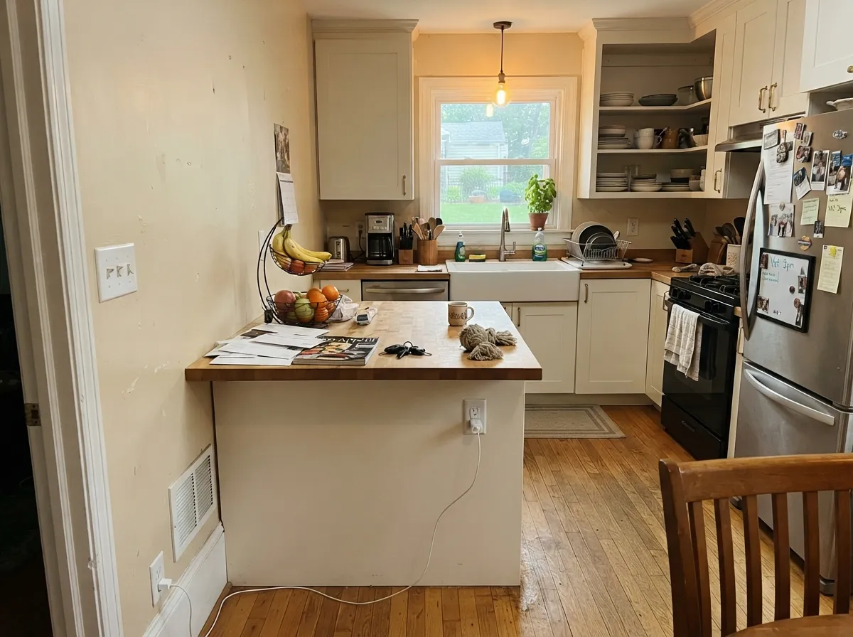 The cream kitchen job: Almond on the walls, Alabaster cabinets, oak and brass — warm wood looks chosen instead of leftover.