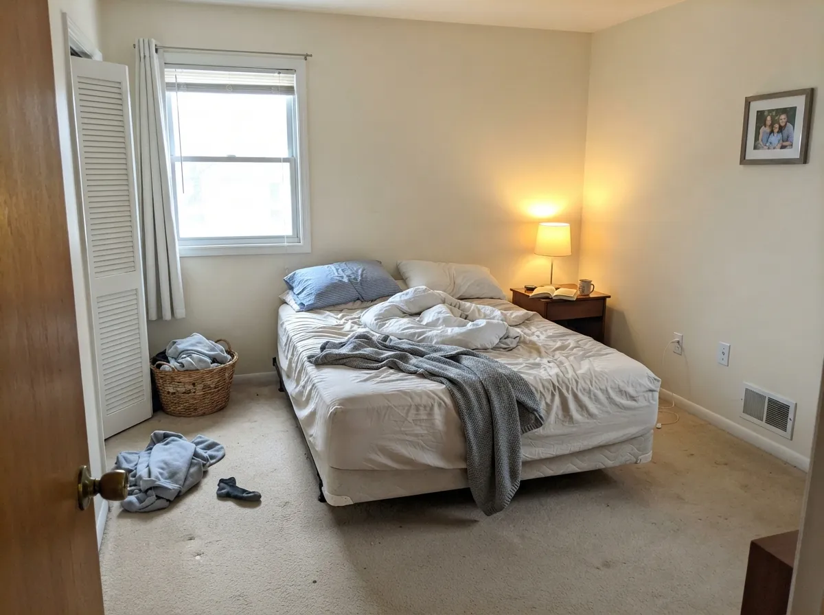 In a morning-lit bedroom it stays soft — ivory paper, not gallery-stark, Whisper doing the trim punch-up.