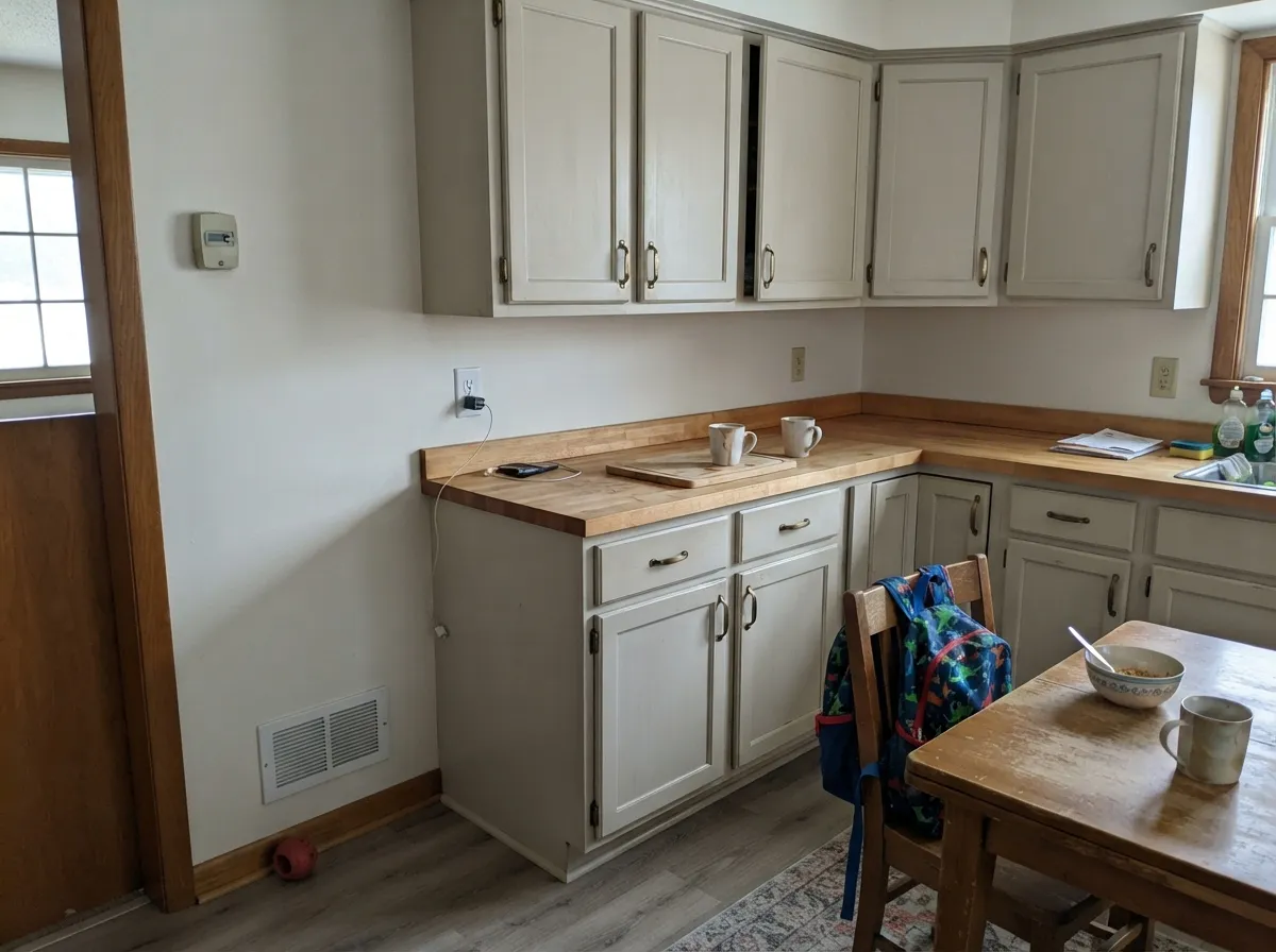 Satin Antique White cabinets against Milk Glass walls — enough greige body to hide knuckle marks, kind to brass and oak, not a gallery white.