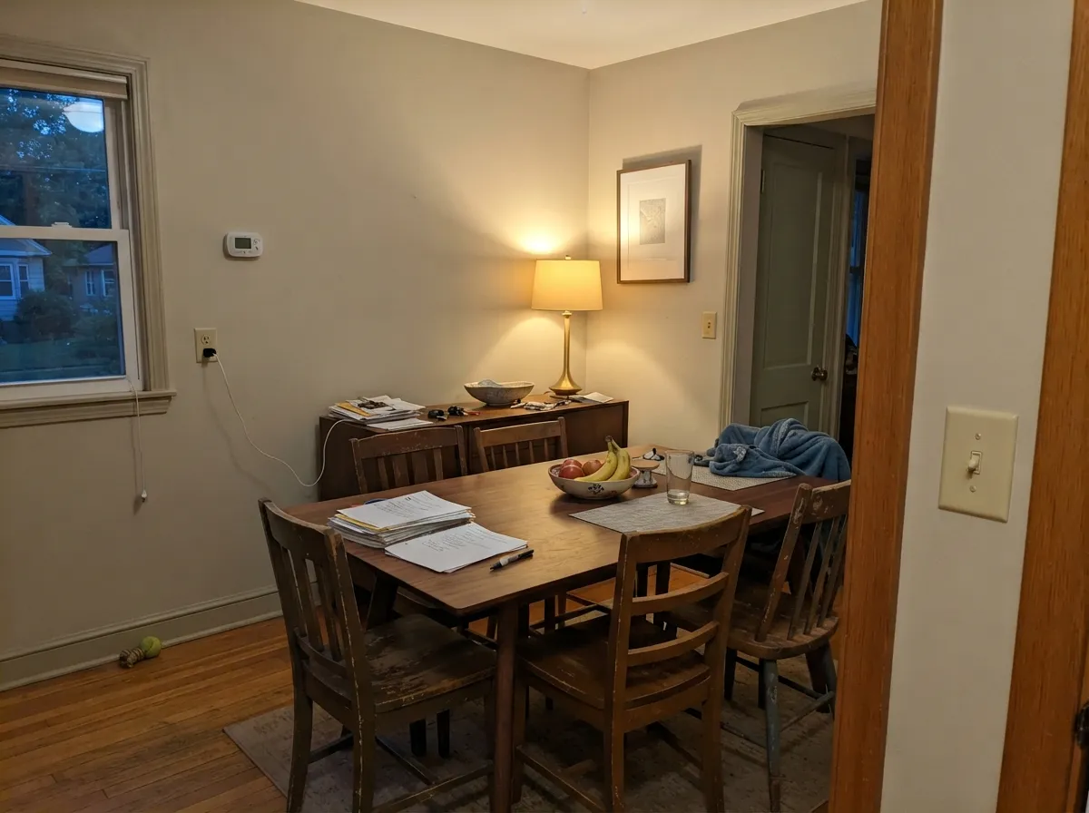 Dining rooms run on lamplight — 2700K bulbs make the greige look intentional rather than dingy.