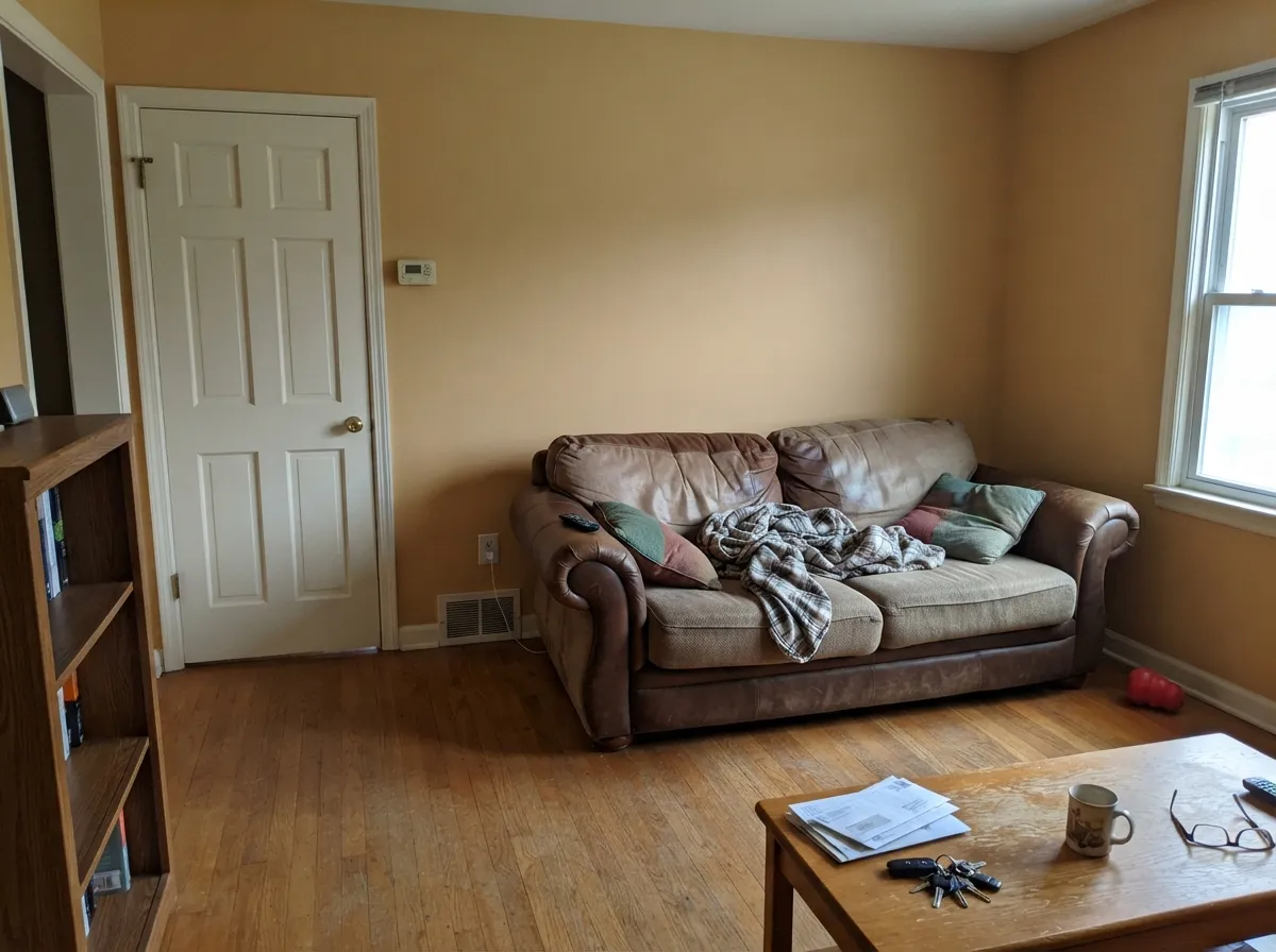 In a south-lit living room with oak and cream trim, Baked Potato stays potato-tan — deep enough to feel finished, warm enough to stay beige-brown against Swiss Coffee.