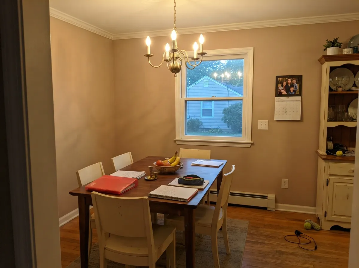 Under 2700K lamps the yellow-red comes forward and the walls go pecan — the evening read this color was built for.