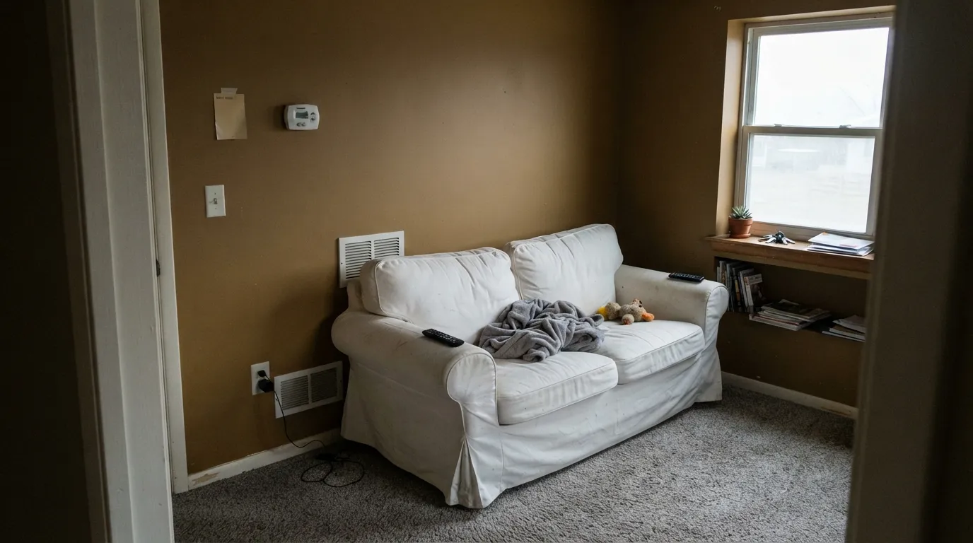 The honest shot: at LRV 34 in a dim north room, Baked Potato is not beige — it is a closed-in potato-brown, the exact chip-vs-wall surprise.