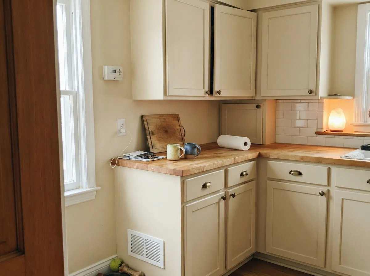 Satin cream boxes — Ball of String as cabinets, hiding knuckle marks, kind to brass and oak, not a gallery white.