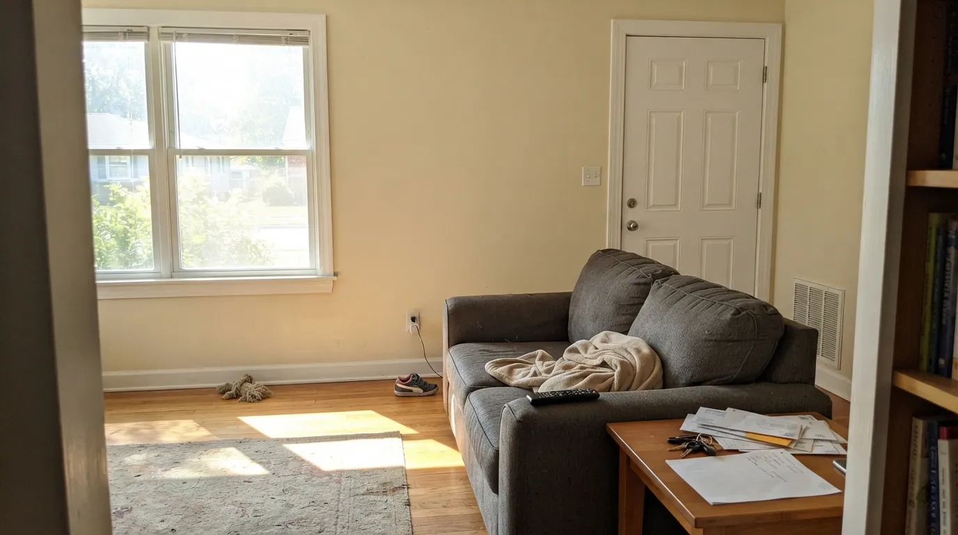 The honest shot: on four walls in afternoon sun Ball of String is beige, not white — the yellow the chip only whispered, worse next to a brighter door.