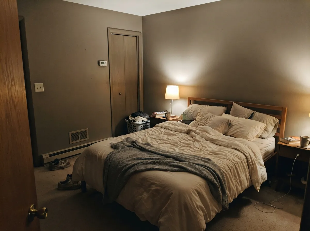 Under warm lamps the beige comes forward and the bedroom goes restful — this is the interior night read.