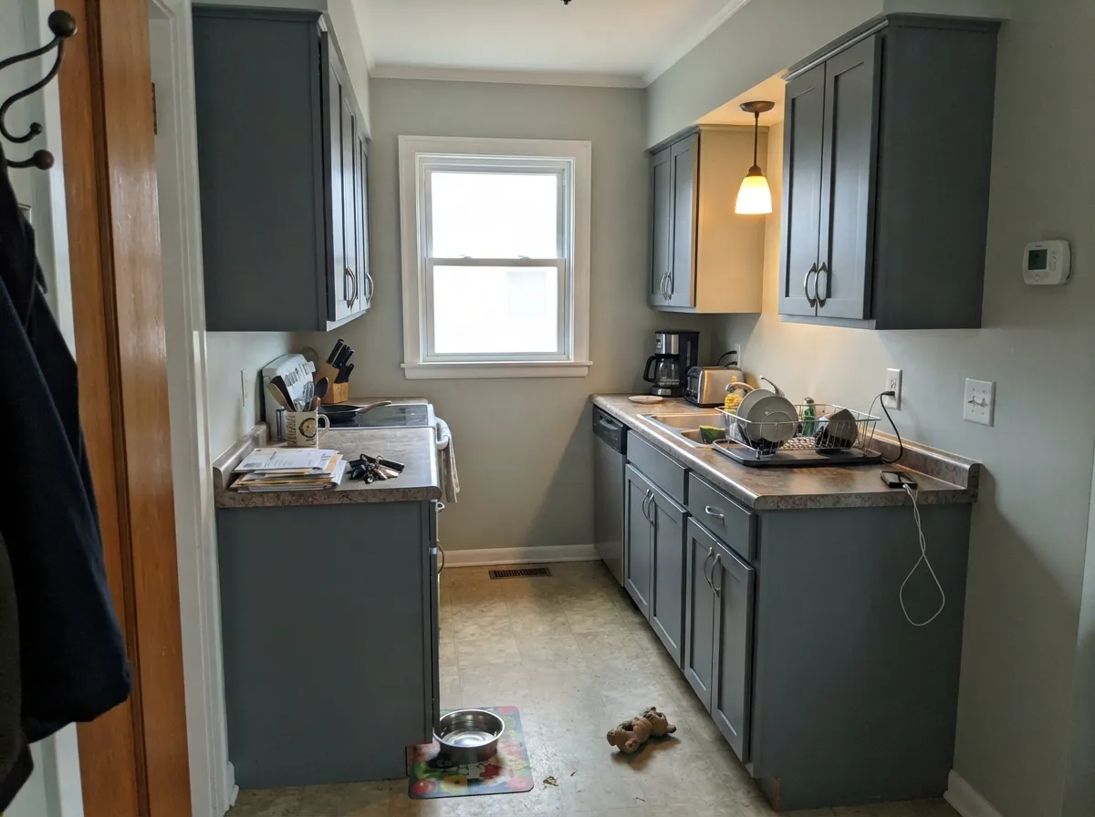 The interior exception — Battleship Gray on cabinets under Foggy Day walls, so the steel has a job without eating the light.