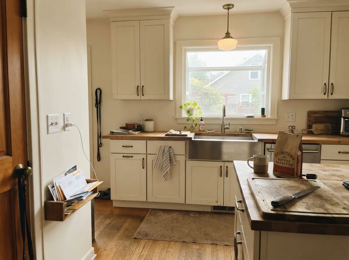 On cabinets with butcher block and brass, Birch White reads creamy and wipeable — a kitchen white that hides knuckle marks.