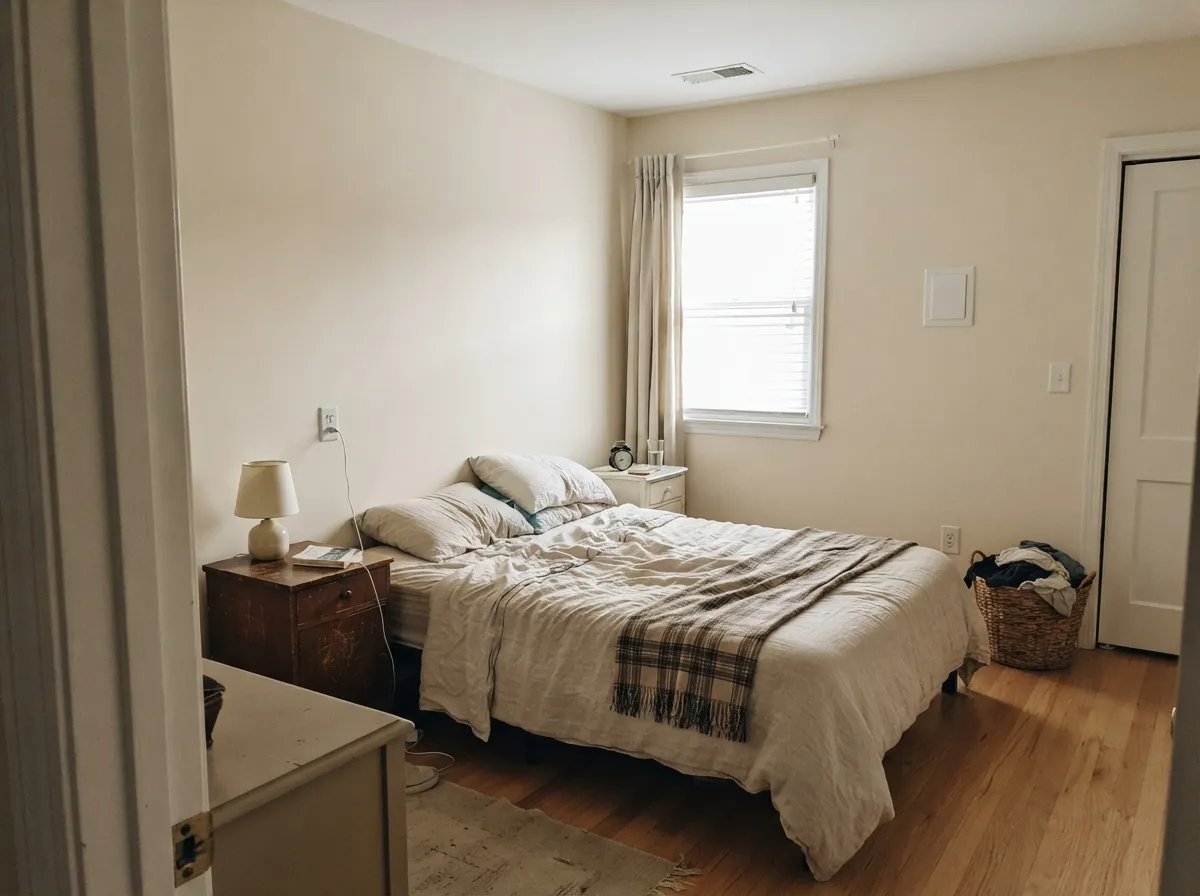 In a morning-lit bedroom the cream stays quiet — no gallery glare, no yellow flash yet.