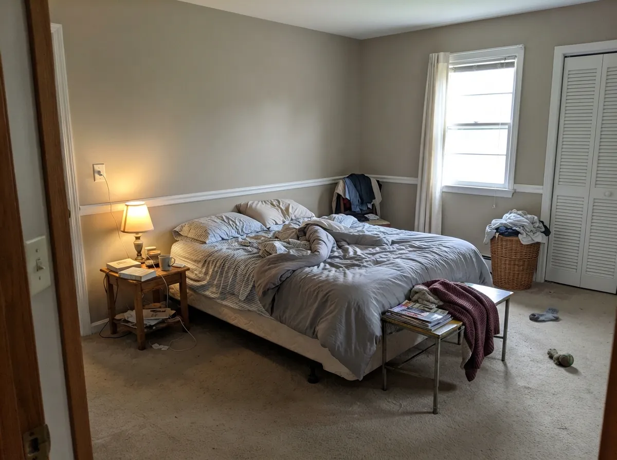 In a morning-lit bedroom the sandy mid-tone stays quiet — beige enough to feel warm, gray enough not to wake you up.
