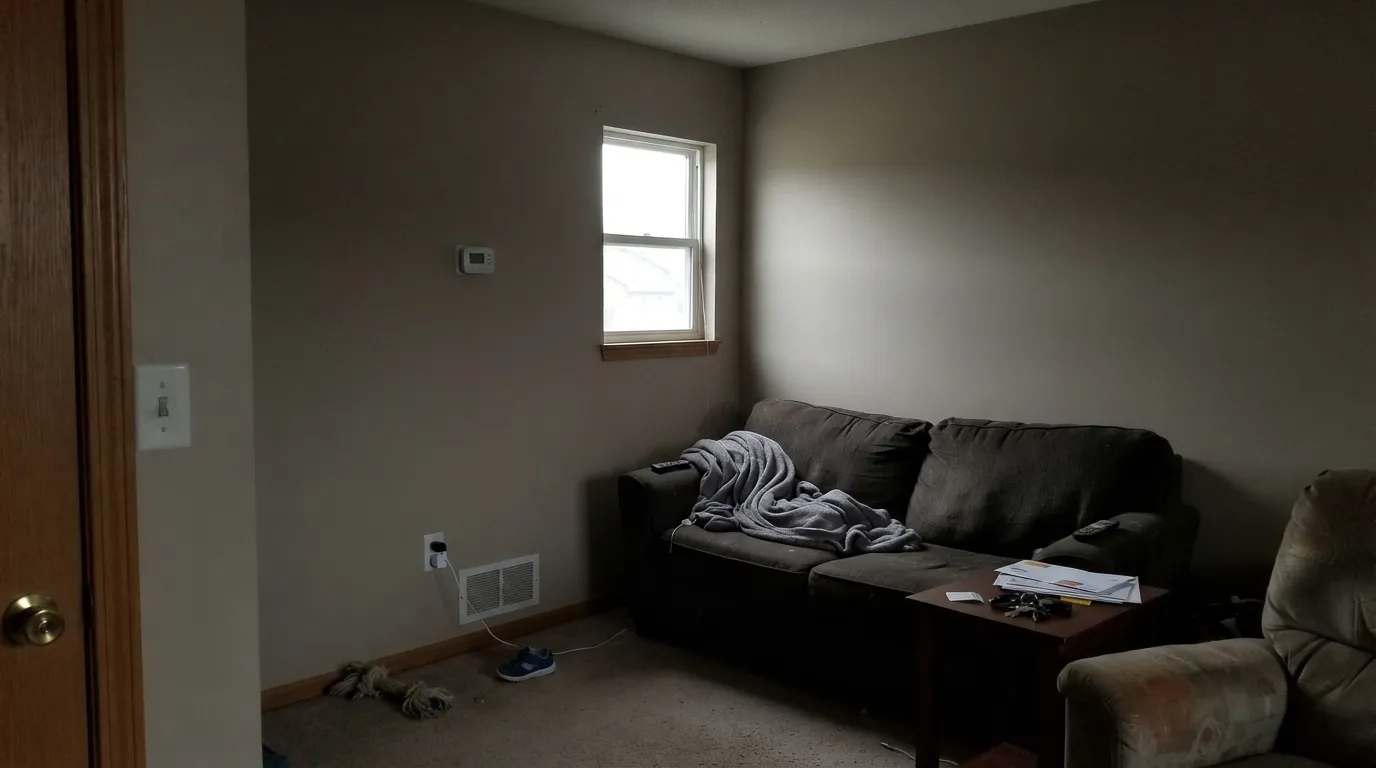 The honest shot: in a dim north room with no lamps, the sand drains out and Birchwood goes dingy taupe — the exact situation the chip never warned you about.