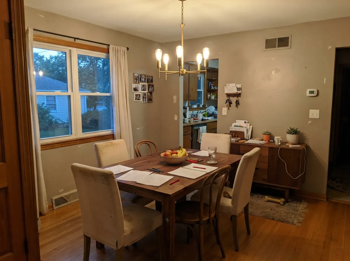Evening lamplight pulls the tan forward — this is the dining-room read, khaki quiet, hide-warm against cream trim.