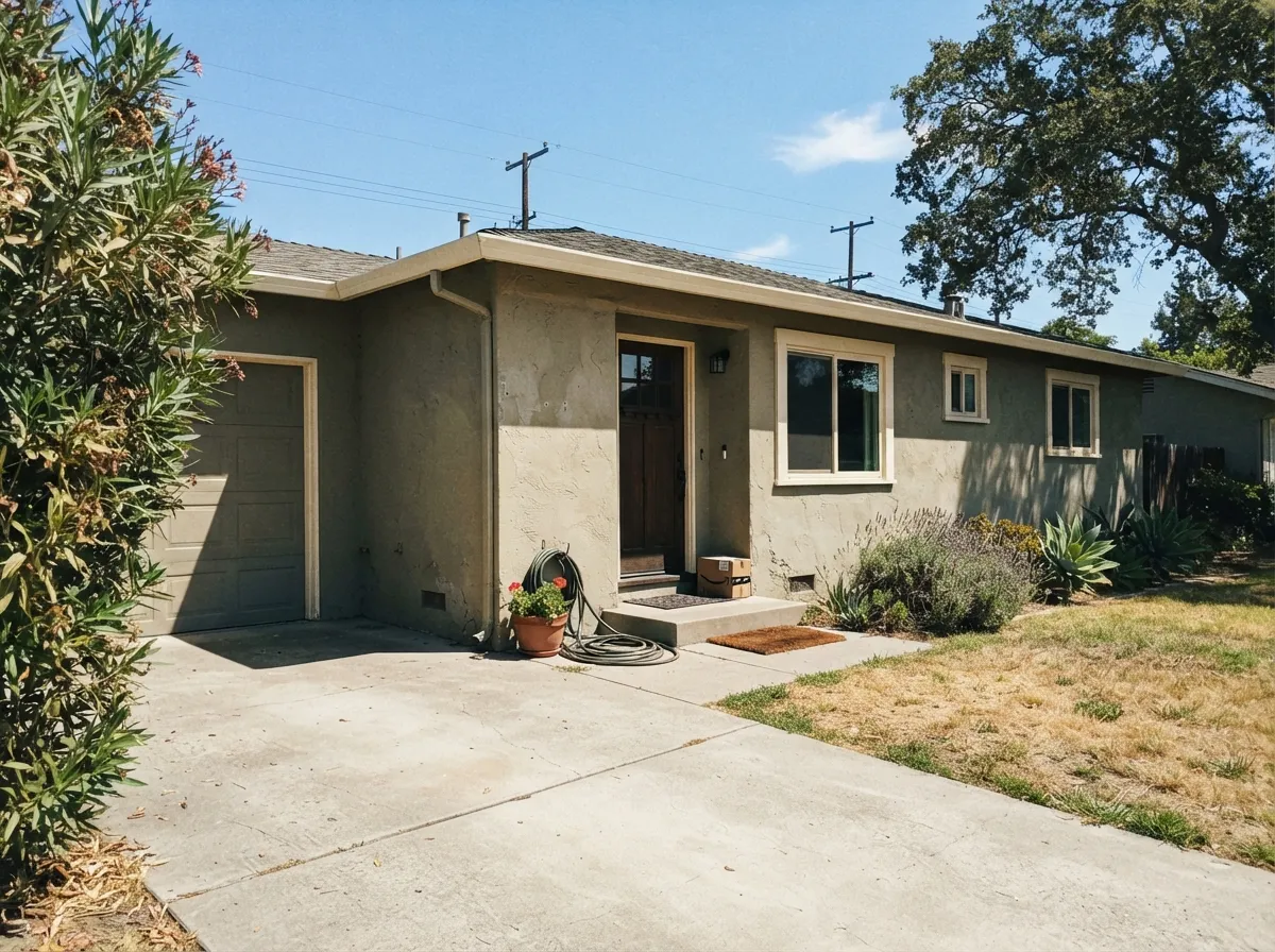 The signature job: Bison Beige on Western stucco holds as dusty beige in full sun instead of washing to cream — the north wall is already the grayer read.