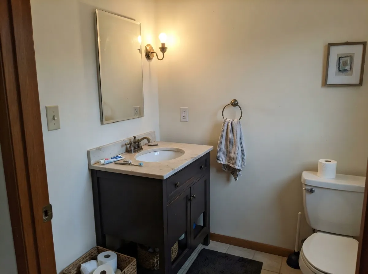 The small-commitment move: a Black Bean vanity under warm light reads custom without betting four walls on charcoal.