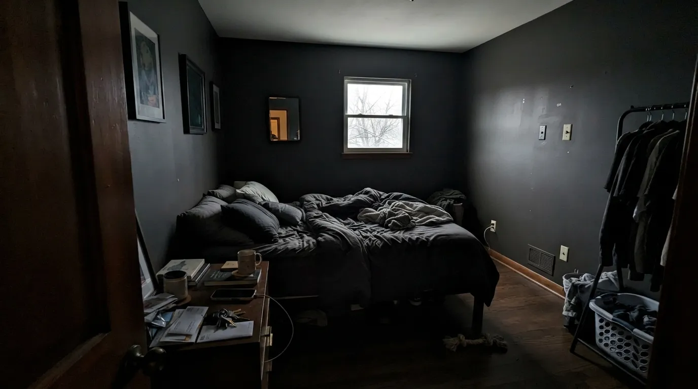 The honest shot: four dim walls at LRV 7 stop being charcoal and start being a hole — the exact regret Dunn-Edwards is trying to steer you off by selling this as a cabinet and accent color.
