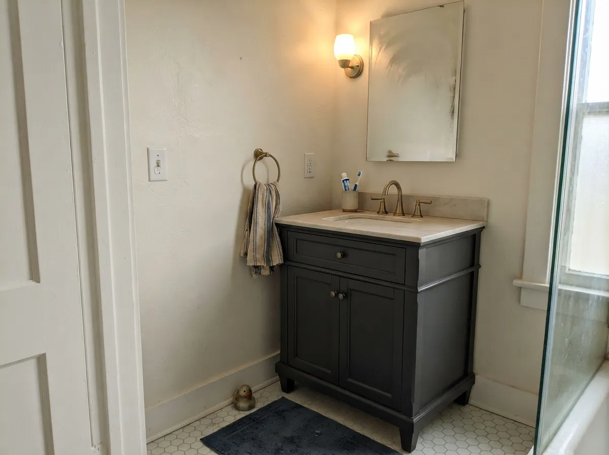 A Black Tie vanity under marble is the small-room version of the island job — cool charcoal, wipeable satin, enough light to keep it from going cave.