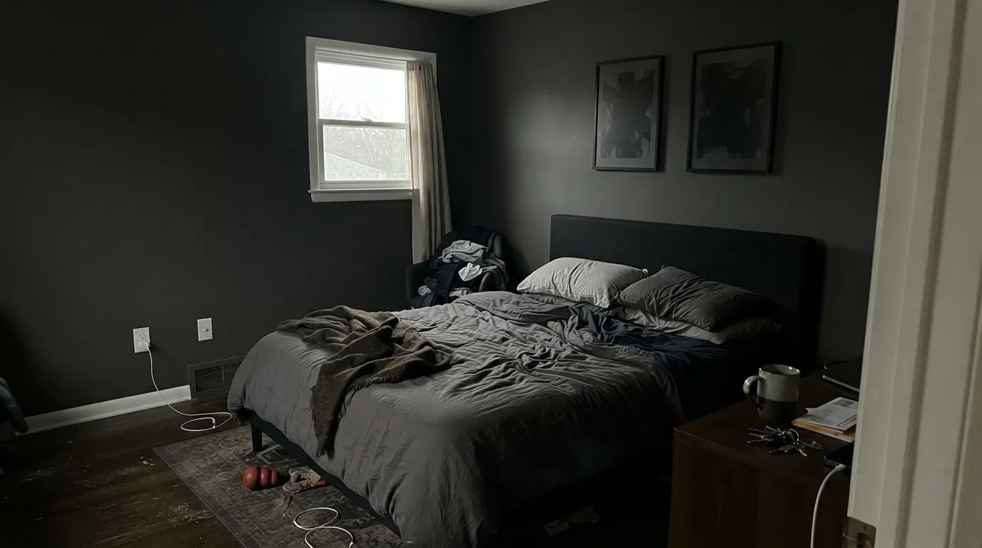 The honest shot: four dim walls at LRV 6 stop being charcoal and start being a hole — the exact regret this color earns when you ask it to be a field instead of a door or an island.