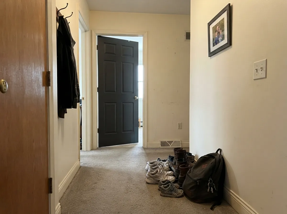 One black interior door against Swiss Coffee walls is the cheap designer move — semi-gloss so the fingerprints wipe off.