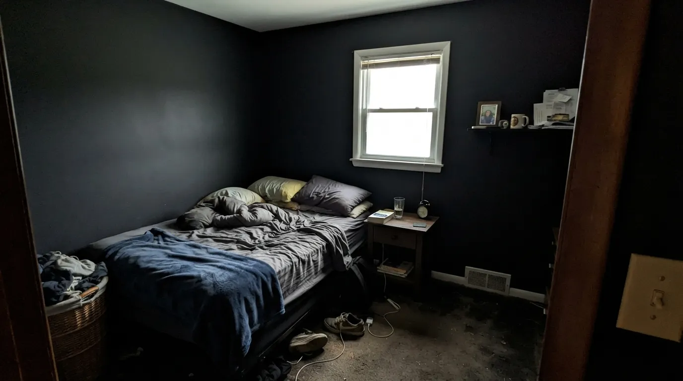 The honest shot: at LRV 4, four dim walls stop being moody and start being a void — the exact four-wall mistake that gets repainted.