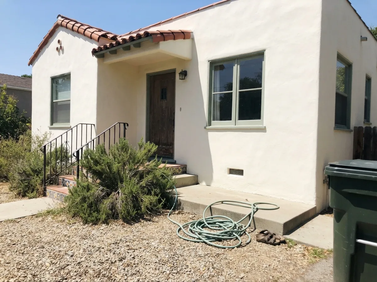 On stucco it is a Western workhorse — off-white in full sun, deep enough at LRV 78 not to glare, so the ironwork and sage trim do the talking.