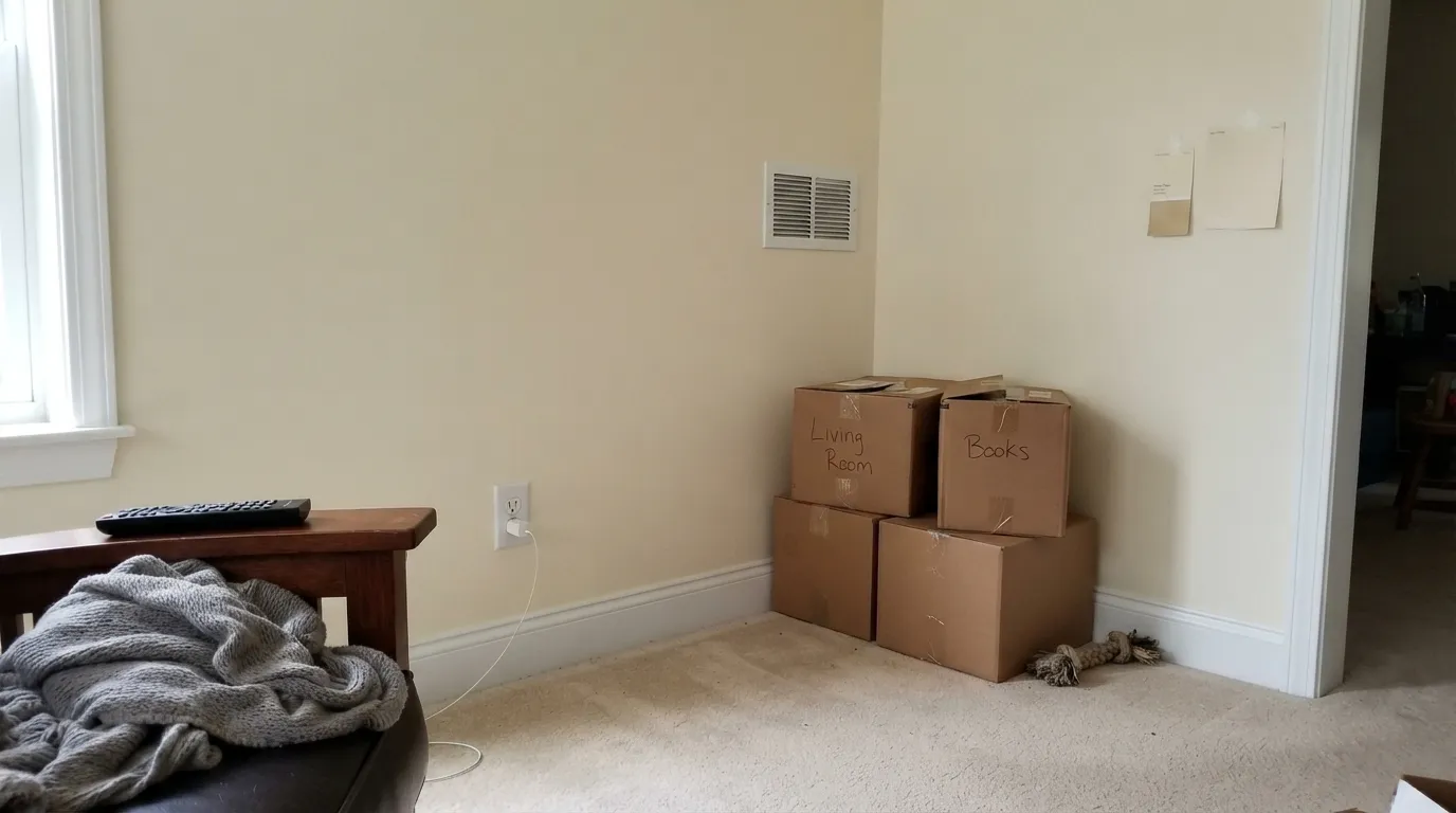 The pairing trap: Bone China next to Warm White trim looks dingy — the exact regret of following the chip-page suggestion instead of the one-color rule.
