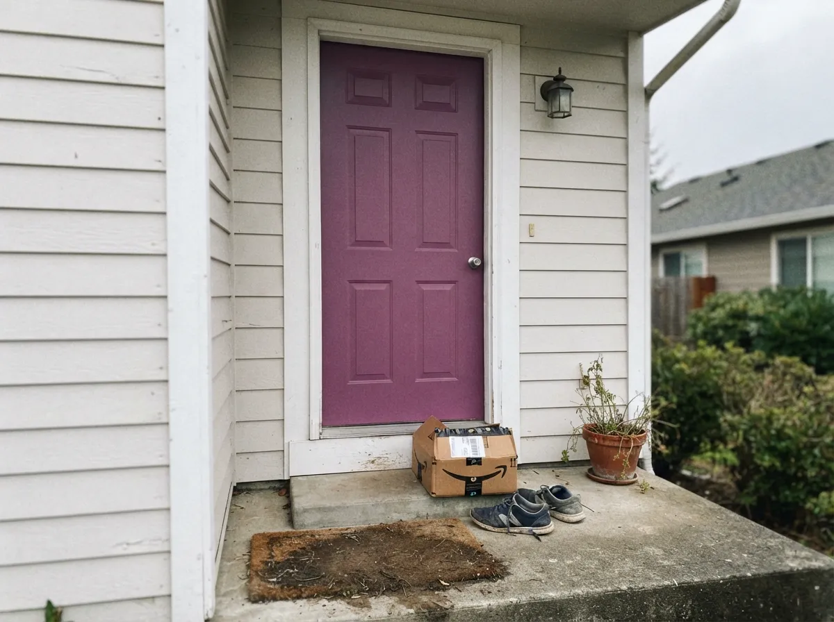 The exterior job that works — a shaded Cabaret door on a light house, magenta still visible, not a purple facade fading in full sun.