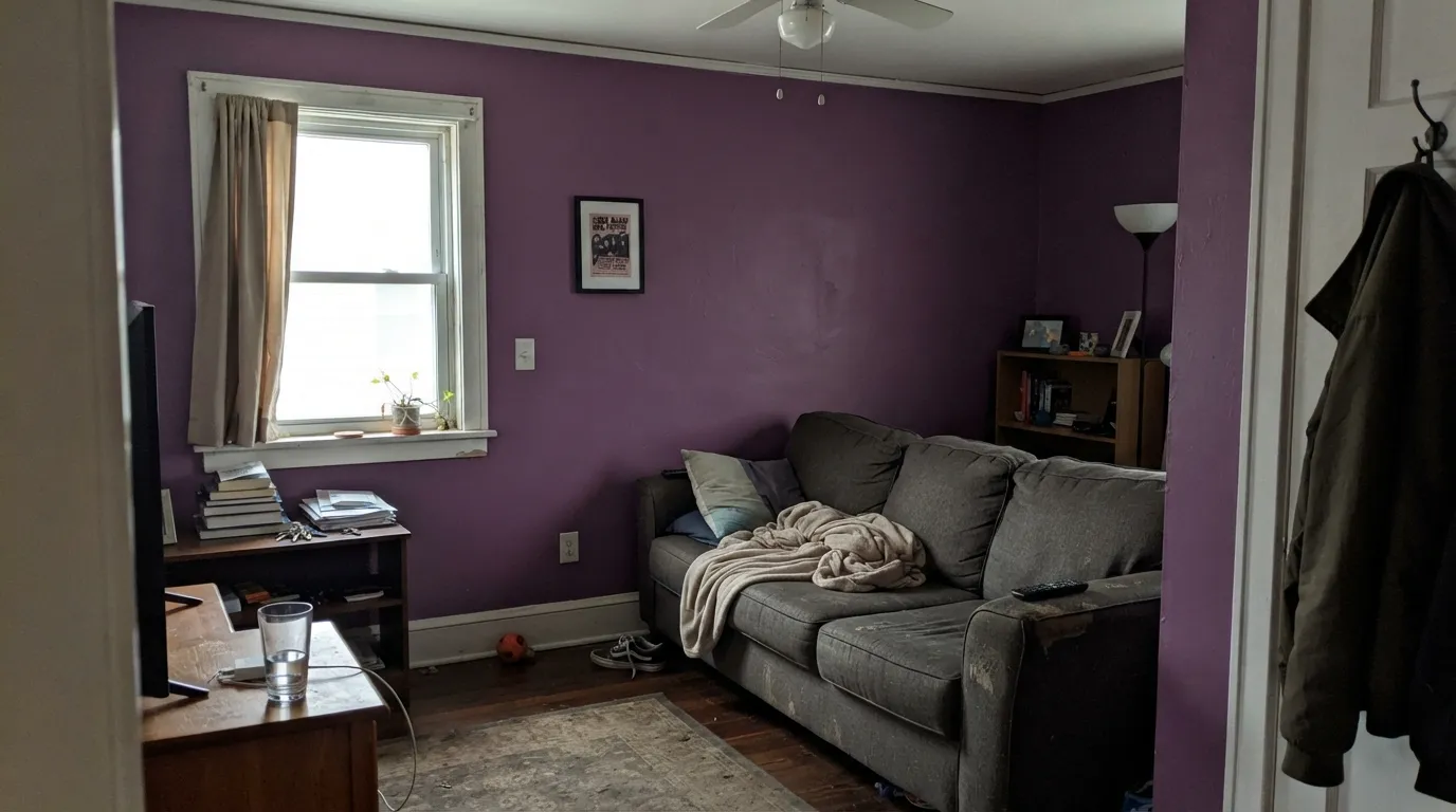 The honest shot: four walls of Cabaret in a dim north room with no lamps — the magenta is gone and the room is a cave, which is the number-one reason not to drench.