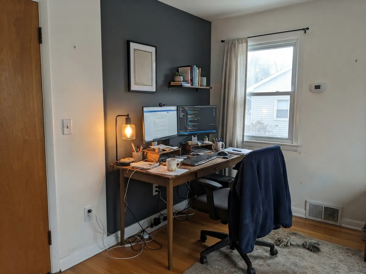 One well-lit office wall is the interior version of the door job — the charcoal holds where the window hits.