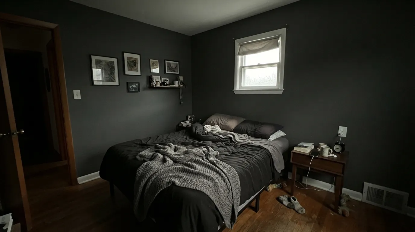 The honest shot: four dim walls at LRV 11 stop being charcoal and start being a hole — the exact regret this color earns when you ask it to be a field instead of a door or an island.