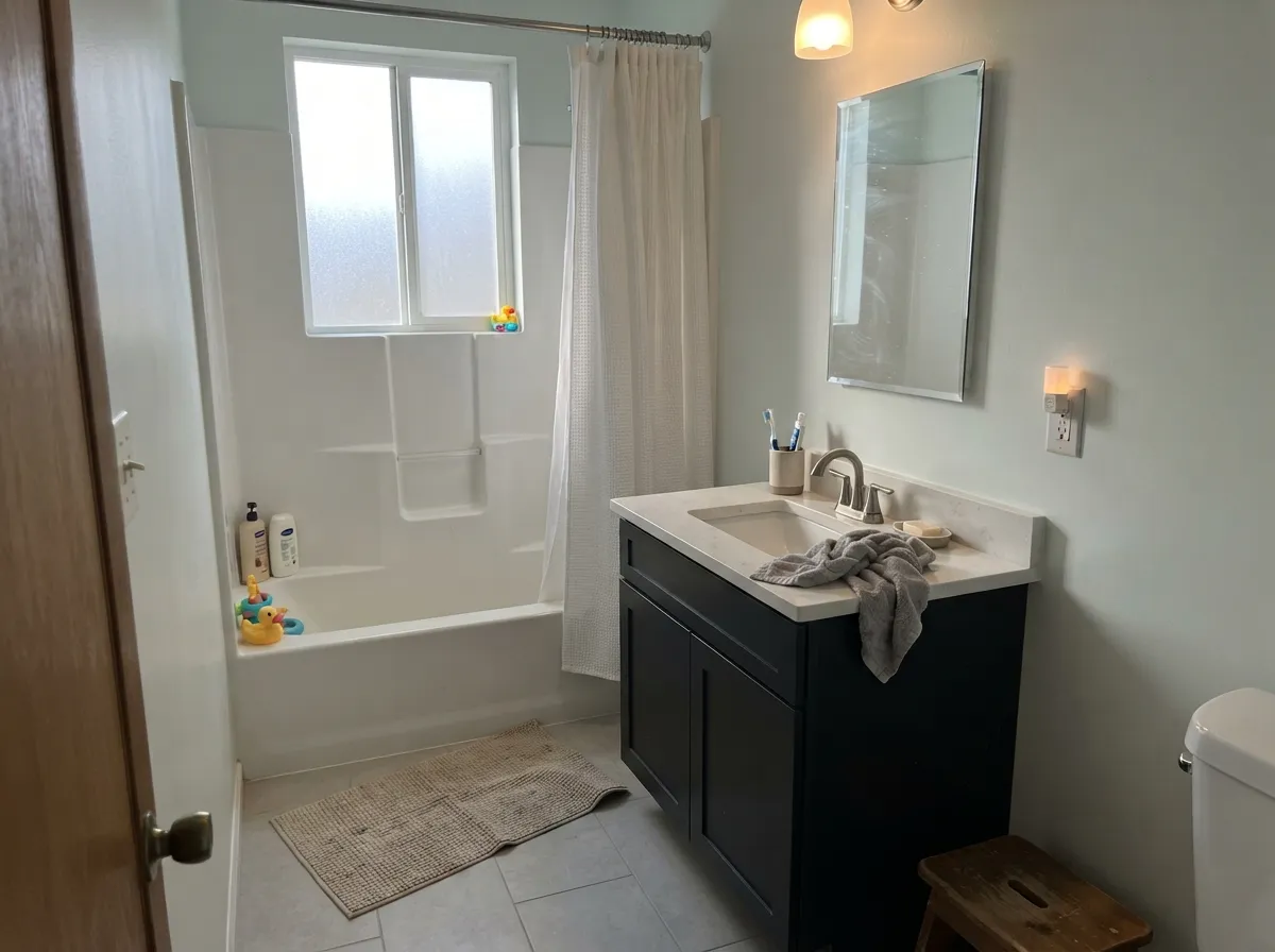 The hotel-bath read: Classic White with cool stone and a dark vanity — crisp, not creamy, in a room with actual daylight.