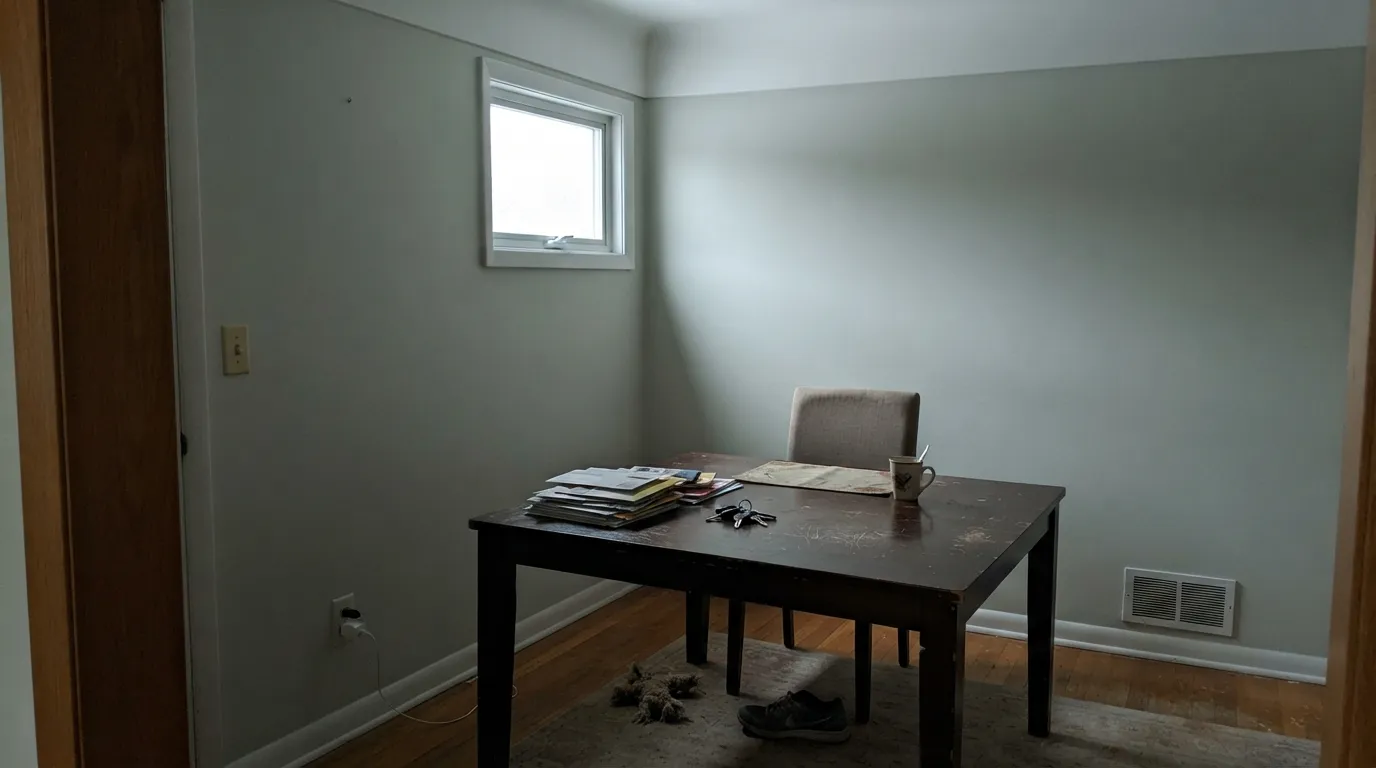 The honest shot: in a dim north room Classic White drops the snow and goes gray-green — the undertone that shows when there is no sun to hide it.