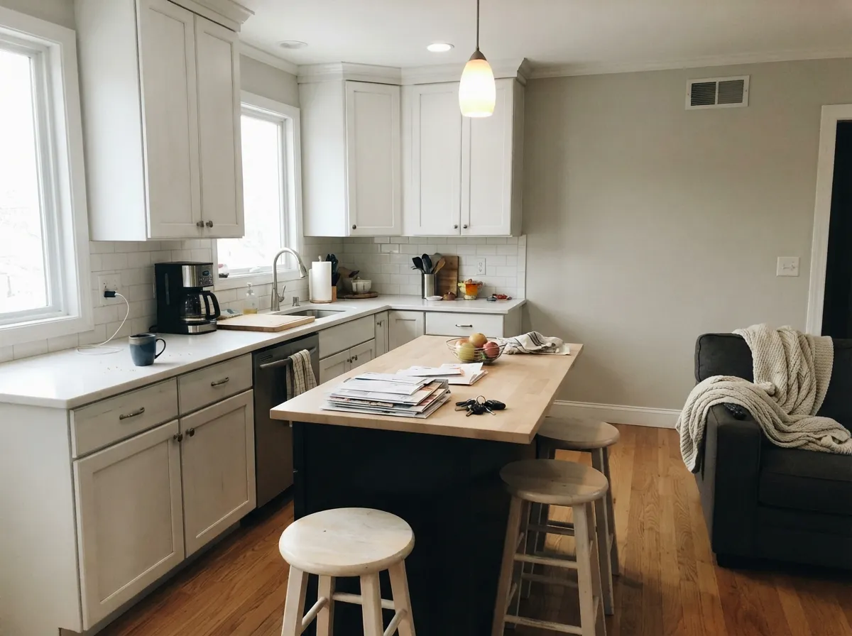 On cabinets it stays fresh against chrome and white stone — the cool-modern kitchen job, not a cream one.