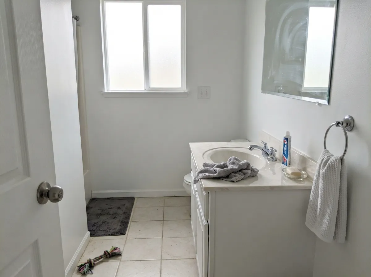 With cool stone and chrome the white stays rinsed and clean — this is the bathroom pairing that works.