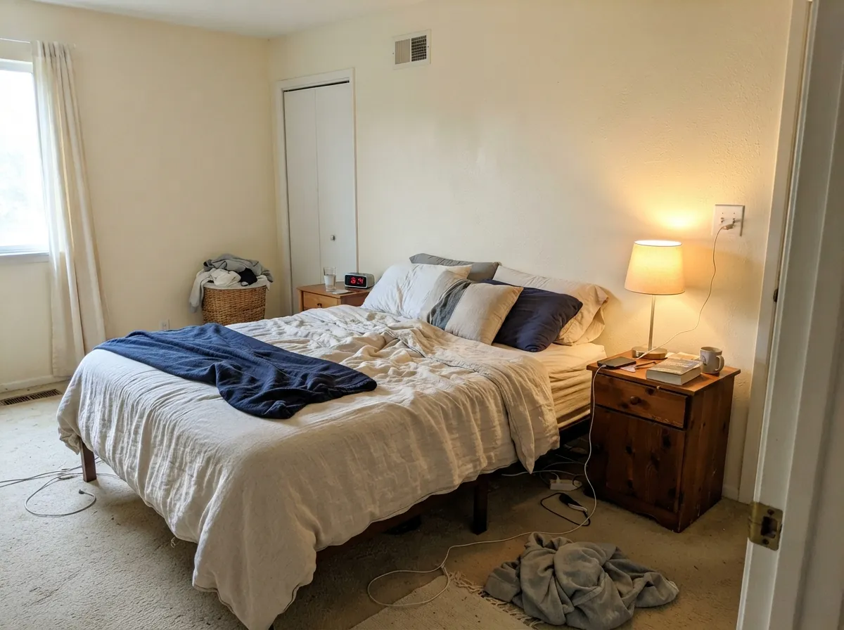 The room Dunn-Edwards keeps putting it in: a morning-lit bedroom where the yellow holds to a warm glow instead of butter.