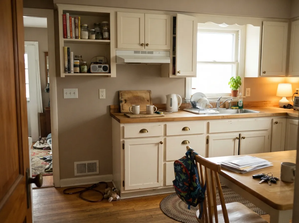 Satin Cottage White cabinets against a warm beige wall — cream that hides knuckle marks, kind to brass and oak, not a gallery white.