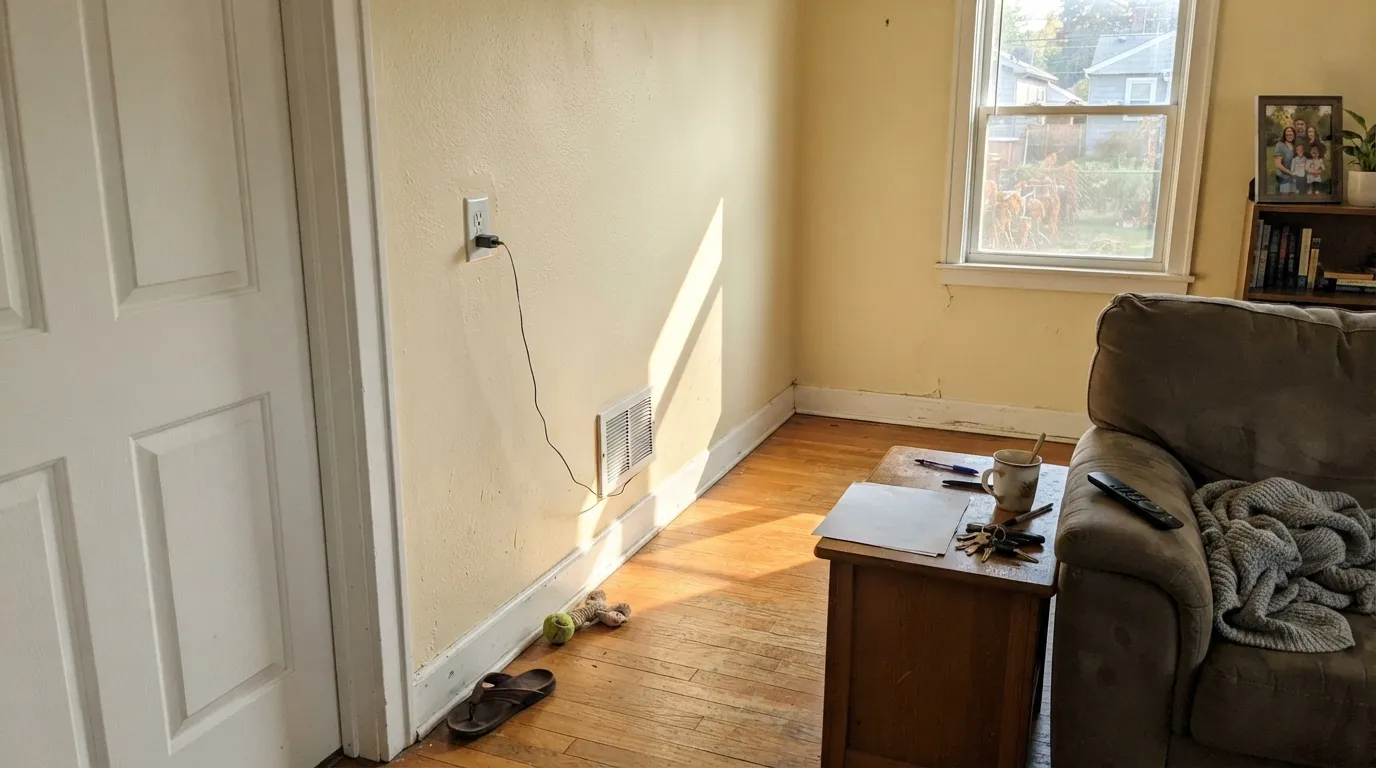 The honest shot: on four walls in afternoon sun Cottage White is cream, not white — the yellow the chip only whispered, worse next to a brighter door.