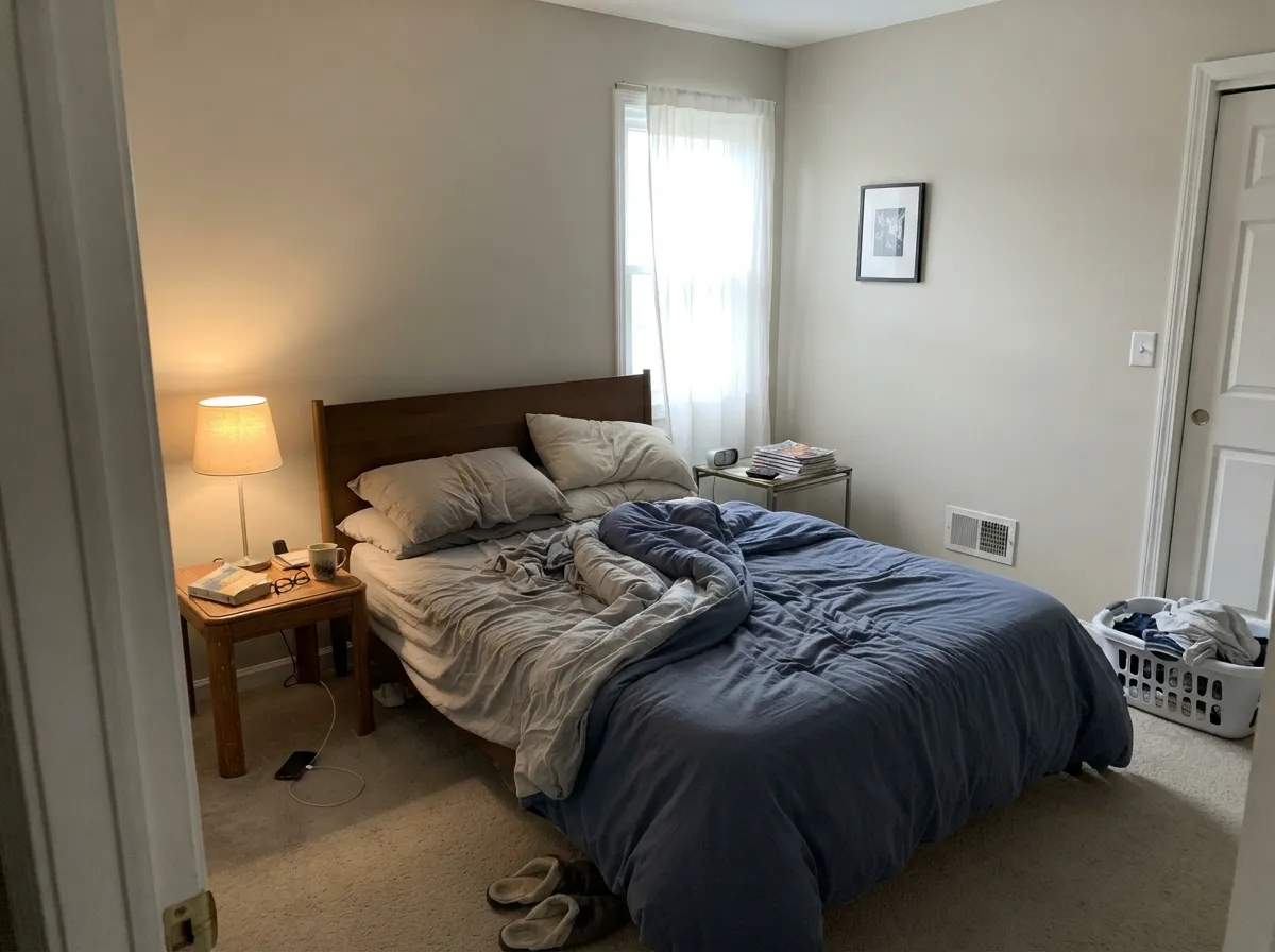 In a morning-lit bedroom it stays soft — sandy greige, not gallery-white, the Whisper millwork keeping the edges quiet.
