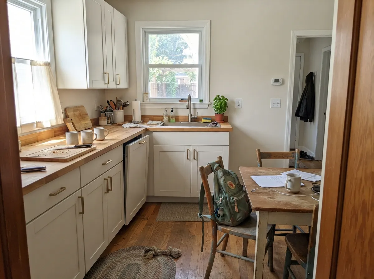 On kitchen walls it stays a soft greige, not a white — Alabaster boxes snap clean and the brass and oak look decided.