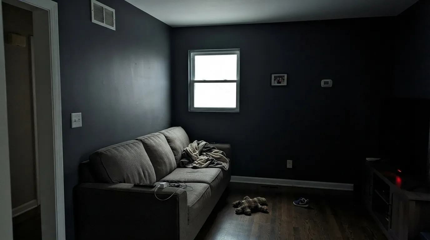 The honest shot: four walls of LRV 5 in a dim north room — Dark Engine swallows the space, which is exactly the use to skip.