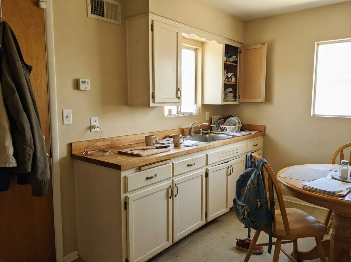 On kitchen walls with oak and brass it stays sandy and quiet — the suede does the backdrop job and lets the wood talk.