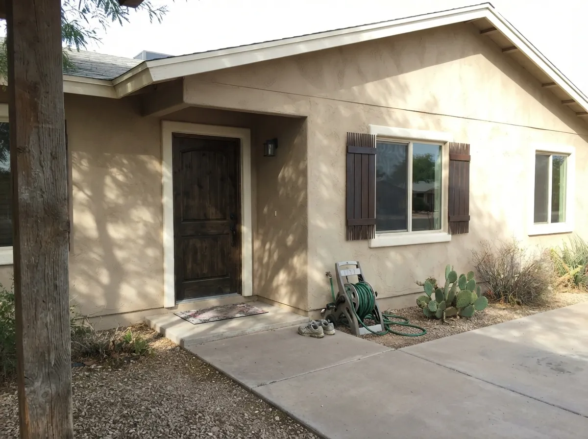 The desert job: on stucco in Western sun Desert Suede holds as sandy beige instead of washing to cream — cream trim, dusty taupe shutters.