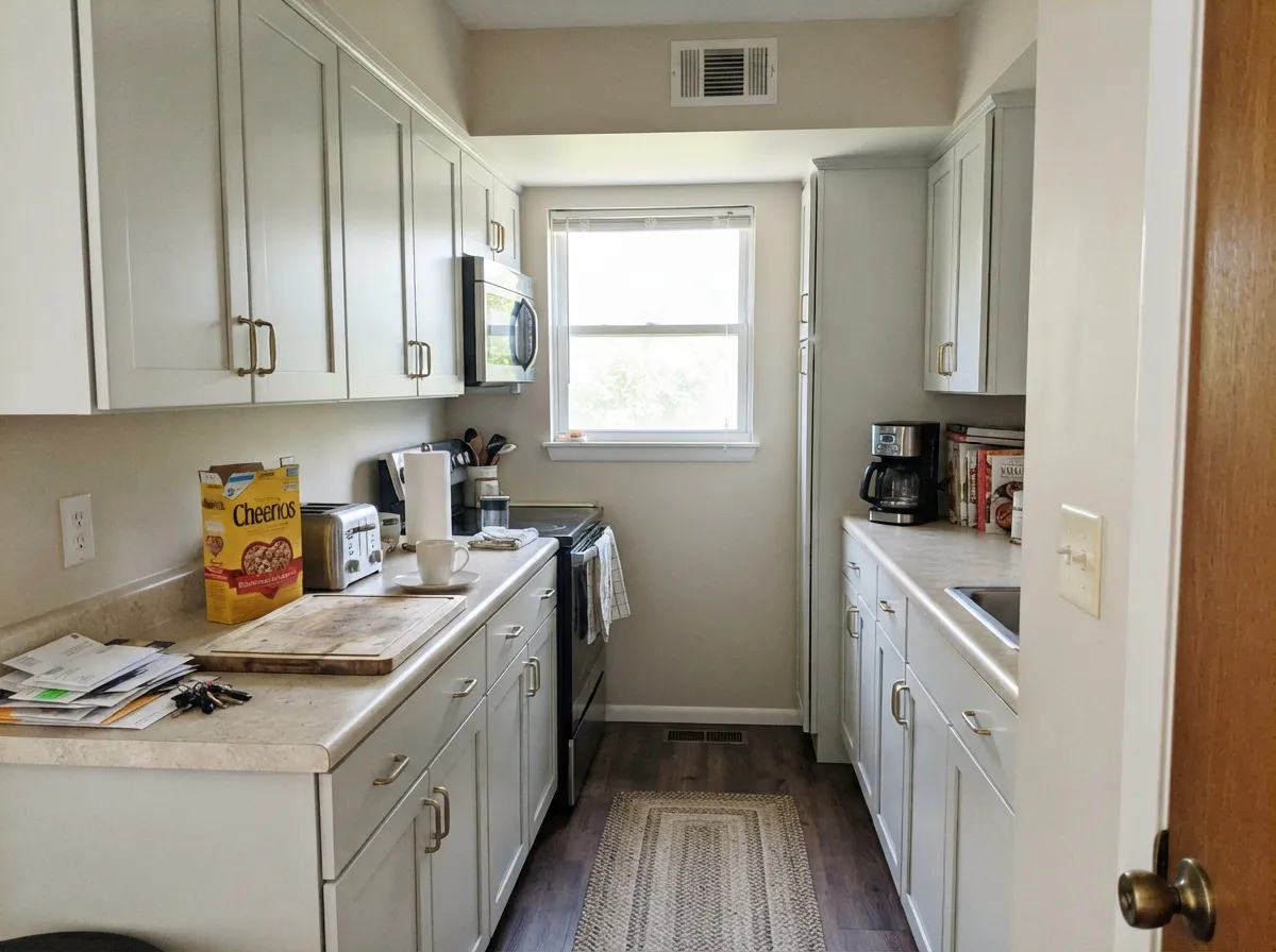 Satin Droplets cabinets in real kitchen light — white enough to read clean, gray enough to hide the knuckle marks Warm White would broadcast.