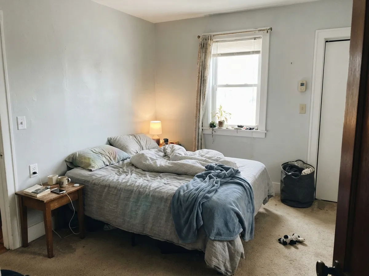 The staging job: a modest bedroom in real daylight where Droplets stays white with a cool edge — contrast from the trim, not from painting the room gray.