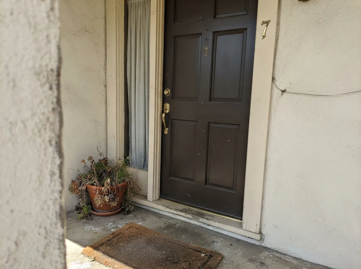 Against Swiss Coffee stucco the door reads as designed espresso punctuation — contrast without the black-hole look.