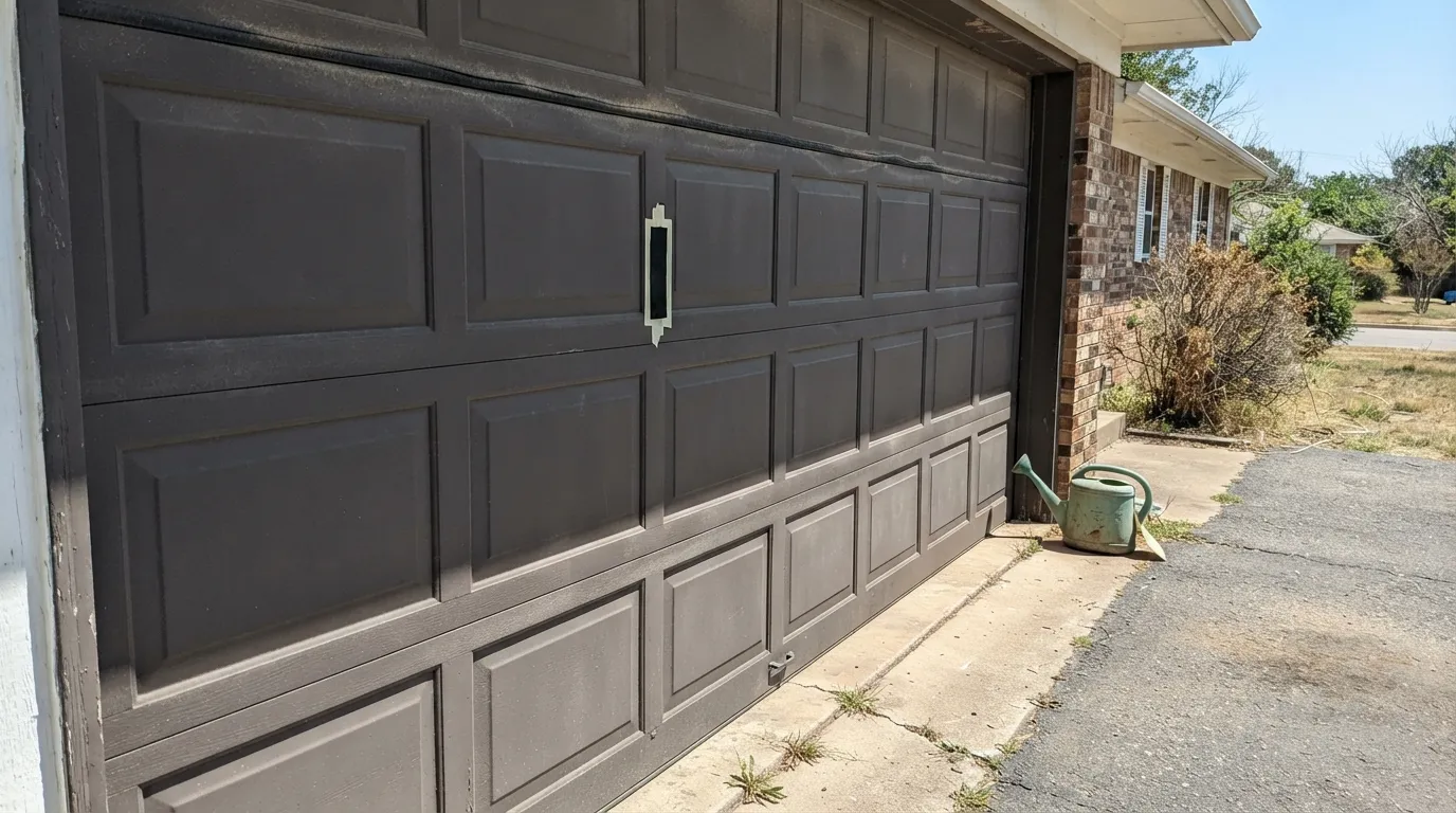 The honest shot: noon on a south garage door, and LRV 7 is espresso you can name from the sidewalk — the exact failure if you bought this can wanting black.