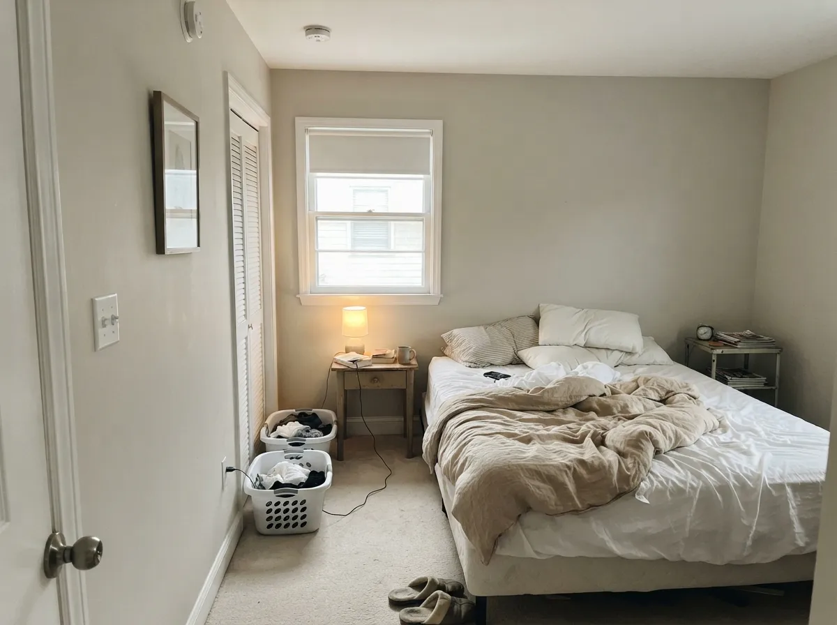 In a morning-lit bedroom the greige stays soft — not cold gray, not yellow beige, the restful whole-house read.