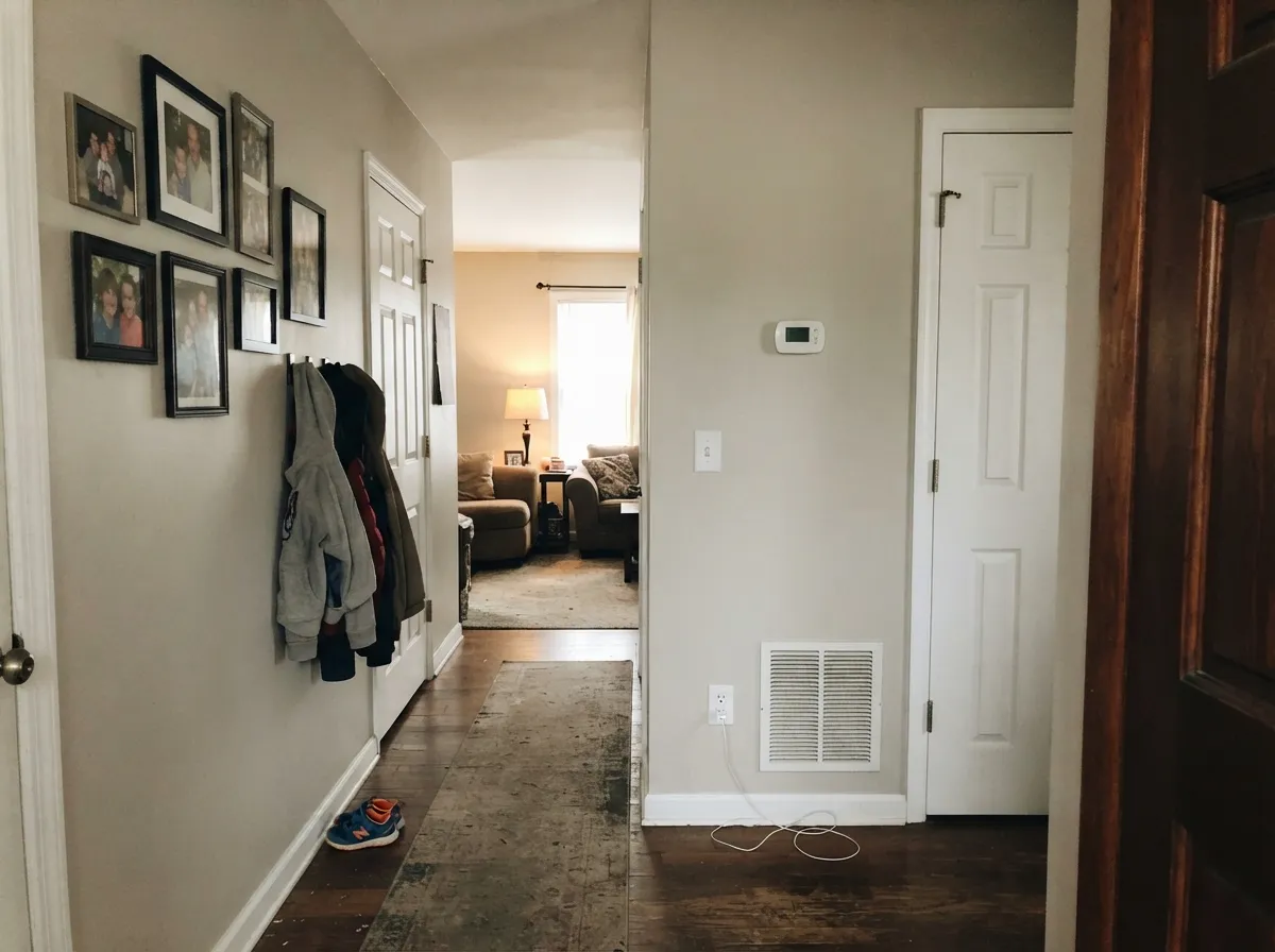The whole-house test: hallways are where Fine Grain earns its keep, carrying room to room without clashing.