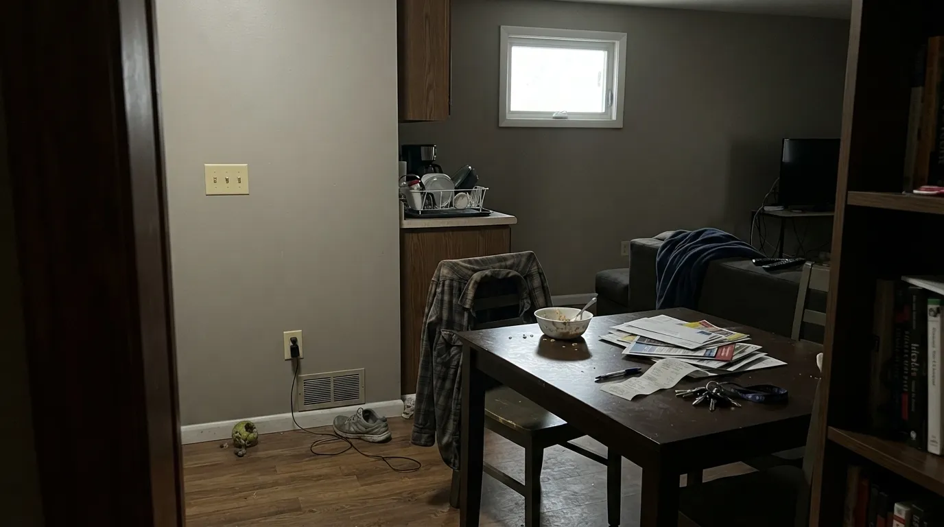 The honest shot: in a dim north kitchen with no lamps, the warmth drains out and Fine Grain goes drab gray — the exact Houzz situation from the den-versus-kitchen thread.